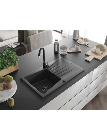 Mexen Cesar zlewozmywak granitowy 1-komorowy z ociekaczem 775 x 470 mm, czarny nakrapiany, syfon czarny - 6514771010-76-B, 3 image