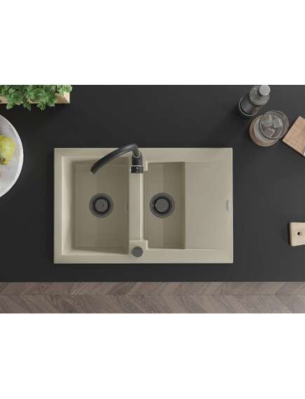 Mexen Gaspar zlewozmywak granitowy 1,5-komorowy z ociekaczem 737 x 475 mm, beżowy, syfon czarny - 6507731505-69-B, изображение 4