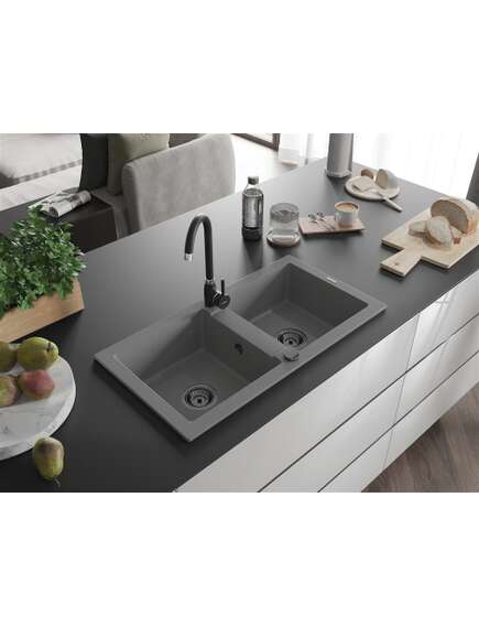 Mexen Mario zlewozmywak granitowy 2-komorowy 820 x 436 mm, szary, syfon czarny - 6504822000-71-B, 2 image
