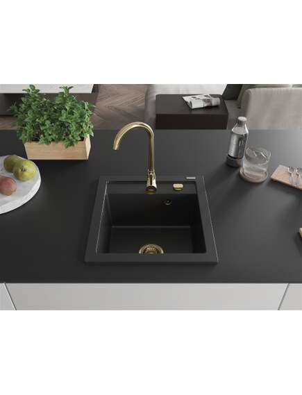 Mexen Vito zlewozmywak granitowy 1-komorowy 520 x 490 mm, czarny, syfon złoty - 6503521000-77-G, изображение 3