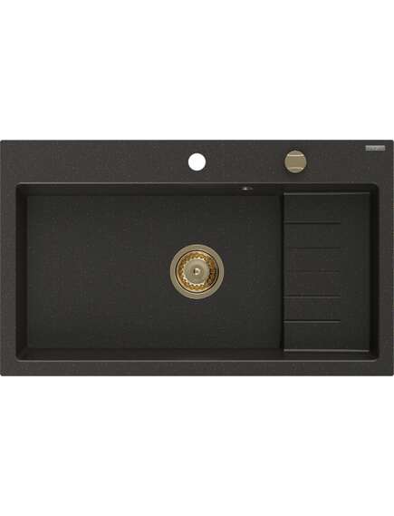 Mexen Omar zlewozmywak granitowy 1-komorowy 800 x 480 mm, czarny/złoty metalik, syfon złoty - 6520801005-75-G