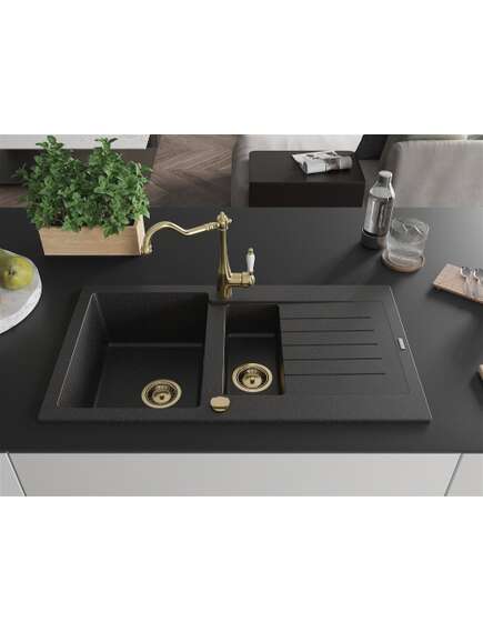 Mexen Matias zlewozmywak granitowy 1,5-komorowy z ociekaczem i baterią kuchenną Carla czarny/srebrny metalik - 6502-73-670700-50, 3 image