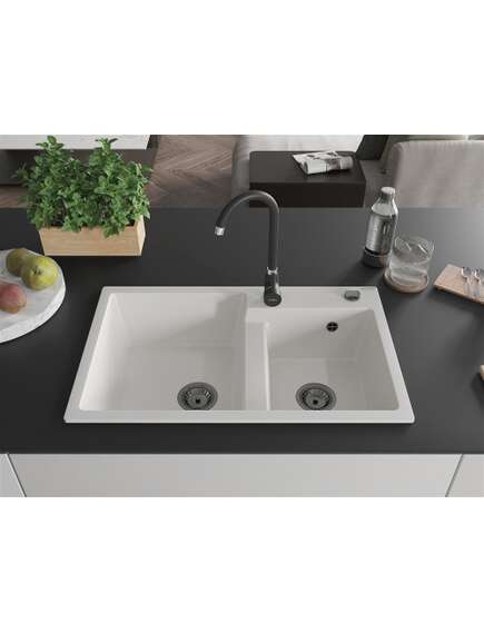 Mexen Tomas zlewozmywak granitowy 2-komorowy 800 x 500 mm, biały, syfon czarny - 6516802000-20-B, изображение 3