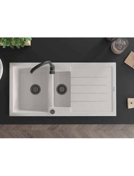 Mexen Andres zlewozmywak granitowy 1,5-komorowy z ociekaczem 1000 x 500 mm, biały, syfon czarny - 6515101510-20-B, изображение 4