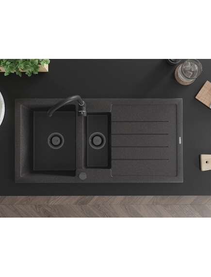 Mexen Andres zlewozmywak granitowy 1,5-komorowy z ociekaczem 1000 x 500 mm czarny nakrapiany, syfon czarny - 6515101510-76-B, 4 image