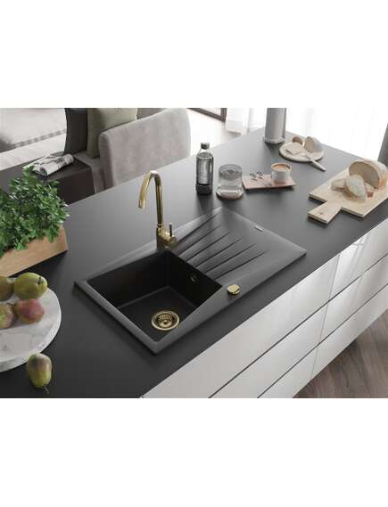 Mexen Cesar zlewozmywak granitowy 1-komorowy z ociekaczem 775 x 470 mm, czarny, syfon złoty - 6514771010-77-G, изображение 2
