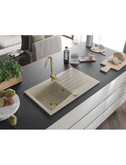 Mexen Cesar zlewozmywak granitowy 1-komorowy z ociekaczem 775 x 470 mm, beżowy, syfon złoty - 6514771010-69-G, изображение 2