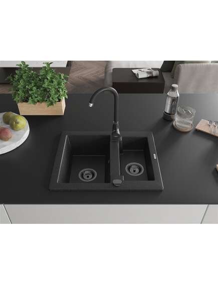 Mexen Carlos zlewozmywak granitowy 1,5-komorowy 582 x 475 mm, czarny/srebrny metalik, syfon czarny - 6518581500-73-B, 3 image