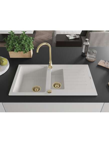 Mexen Matias zlewozmywak granitowy 1,5-komorowy z ociekaczem 900 x 505 mm, biały, syfon złoty - 6502901505-20-G, изображение 3