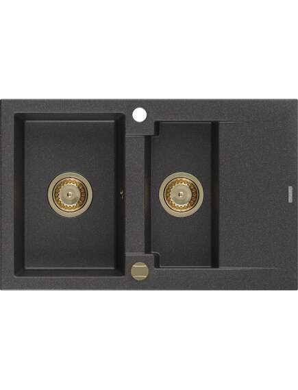Mexen Gaspar zlewozmywak granitowy 1,5-komorowy z ociekaczem 737 x 475 mm, czarny nakrapiany, syfon złoty - 6507731505-76-G