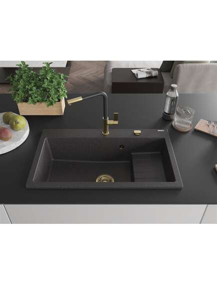 Mexen Omar zlewozmywak granitowy 1-komorowy 800 x 480 mm, czarny nakrapiany, syfon złoty - 6520801005-76-G, 3 image