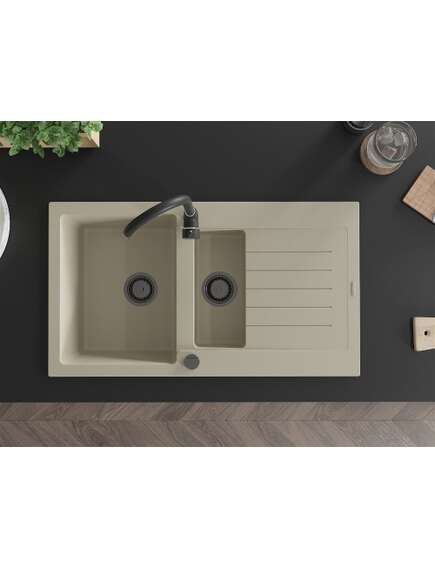 Mexen Matias zlewozmywak granitowy 1,5-komorowy z ociekaczem 900 x 505 mm, beżowy, syfon czarny - 6502901505-69-B, изображение 4