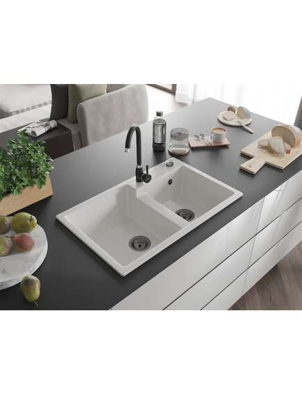 Mexen Tomas zlewozmywak granitowy 2-komorowy 800 x 500 mm, biały, syfon czarny - 6516802000-20-B, изображение 2