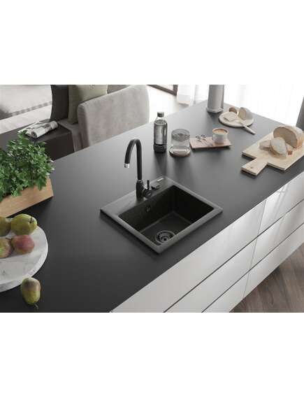 Mexen Milo zlewozmywak granitowy 1-komorowy 435 x 410 mm,  czarny/złoty metalik, syfon czarny - 6505441000-75-B, изображение 2