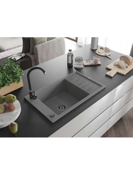 Mexen Elias zlewozmywak granitowy 1-komorowy z ociekaczem 795 x 480 mm, szary, syfon czarny - 6511791005-71-B, изображение 2