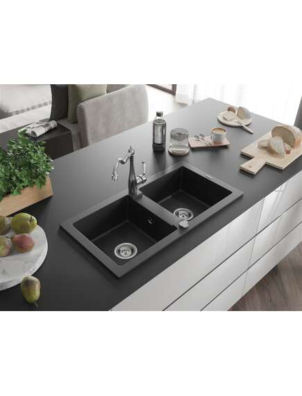 Mexen Mario zlewozmywak granitowy 2-komorowy z baterią kuchenną Carla, czarny/srebrny metalik - 6504-73-670700-00, изображение 2