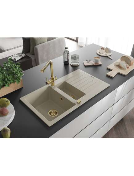 Mexen Matias zlewozmywak granitowy 1,5-komorowy z ociekaczem i baterią kuchenną Duero, beżowy - 6502-69-671600-50, изображение 3