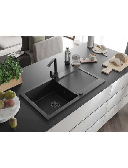 Mexen Leo zlewozmywak granitowy 1-komorowy z ociekaczem i baterią kuchenną Rita, czarny/srebrny metalik - 6501-73-670300-70-B, изображение 2