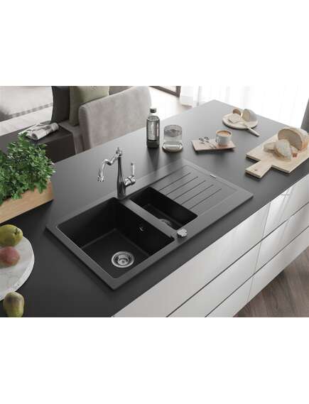 Mexen Matias zlewozmywak granitowy 1,5-komorowy z ociekaczem i baterią kuchenną Carla, czarny - 6502-77-670700-00, 2 image