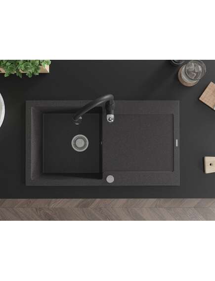 Mexen Leo zlewozmywak granitowy 1-komorowy z ociekaczem i baterią kuchenną Savita, czarny nakrapiany - 6501-76-672601-70, изображение 4