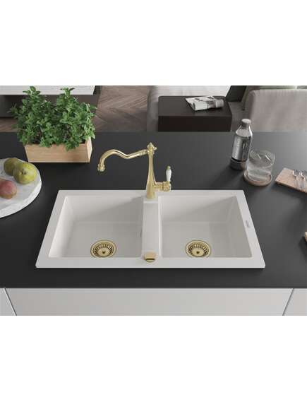 Mexen Mario zlewozmywak granitowy 2-komorowy z baterią kuchenną Carla, biały - 6504-20-670700-50, изображение 3