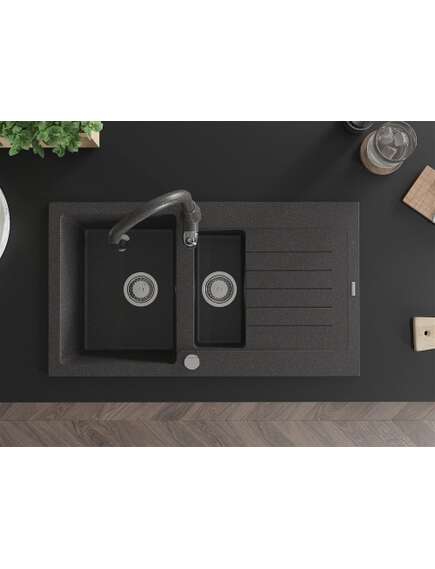 Mexen Matias zlewozmywak granitowy 1,5-komorowy z ociekaczem i baterią kuchenną Savita, czarny nakrapiany - 6502-76-672601-76, 4 image