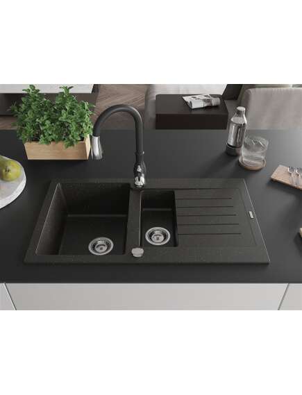 Mexen Matias zlewozmywak granitowy 1,5-komorowy z ociekaczem i baterią kuchenną Savita, czarny/złoty - 6502-75-672601-70, 3 image