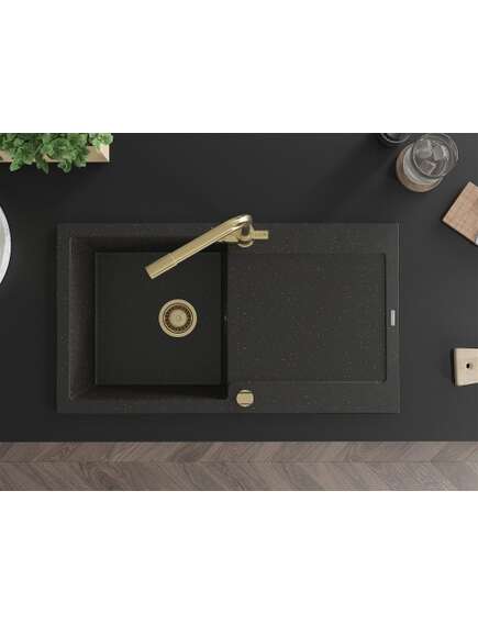 Mexen Leo zlewozmywak granitowy 1-komorowy z ociekaczem i baterią kuchenną Duero, czarny/złoty metalik - 6501-75-671600-50, изображение 4