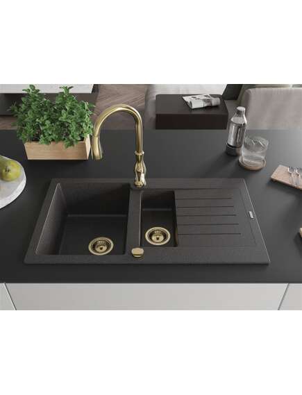 Mexen Matias zlewozmywak granitowy 1,5-komorowy z ociekaczem i baterią kuchenną Savita, czarny nakrapiany - 6502-76-672601-50, 3 image