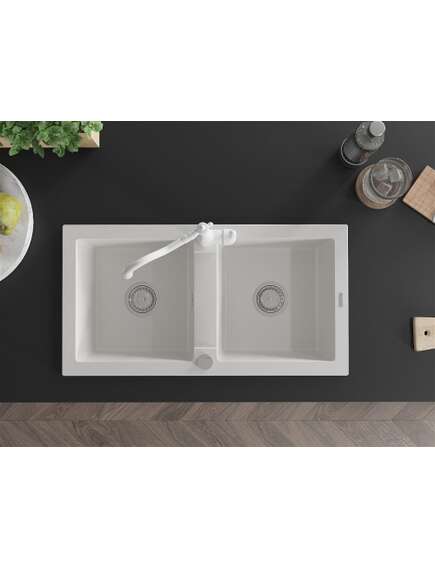 Mexen Mario zlewozmywak granitowy 2-komorowy z baterią kuchenną Carla, biały - 6504-20-670700-20, изображение 4