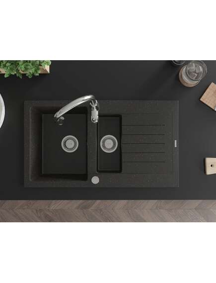 Mexen Matias zlewozmywak granitowy 1,5-komorowy z ociekaczem i baterią kuchenną Savita, czarny/złoty - 6502-75-672601-00, 4 image