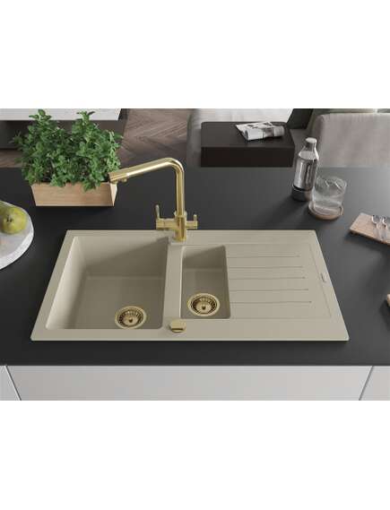 Mexen Matias zlewozmywak granitowy 1,5-komorowy z ociekaczem i baterią kuchenną Duero, beżowy - 6502-69-671600-50, изображение 2