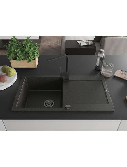 Mexen Leo zlewozmywak granitowy 1-komorowy z ociekaczem i baterią kuchenną Rita, czarny/złoty metalik - 6501-75-670300-70-B, изображение 3