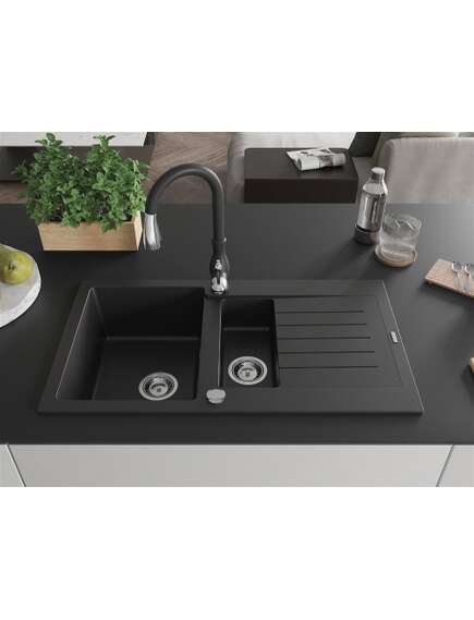 Mexen Matias zlewozmywak granitowy 1,5-komorowy z ociekaczem i baterią kuchenną Savita, czarny - 6502-77-672601-70, изображение 3