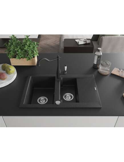 Mexen Gaspar zlewozmywak granitowy 1,5-komorowy z ociekaczem i baterią kuchenną Carla czarny/srebrny metalik - 6507-73-670700-70, изображение 3