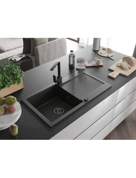 Mexen Leo zlewozmywak granitowy 1-komorowy z ociekaczem i baterią kuchenną Rita, czarny/złoty metalik - 6501-75-670300-70-B, изображение 2