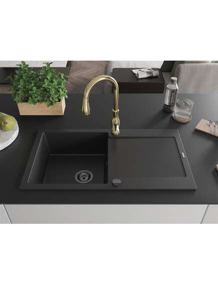 Mexen Leo zlewozmywak granitowy 1-komorowy z ociekaczem i baterią kuchenną Savita, czarny - 6501-77-672601-50-B, 3 image