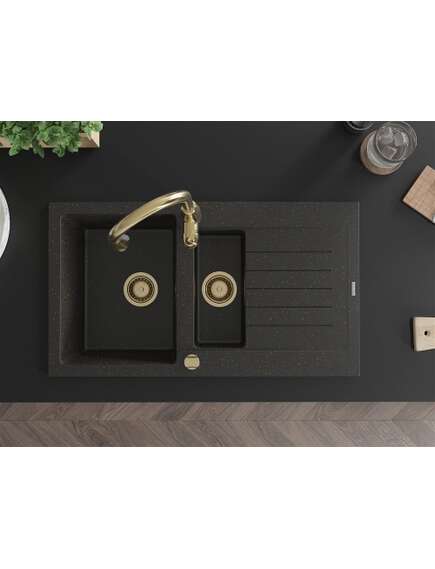 Mexen Matias zlewozmywak granitowy 1,5-komorowy z ociekaczem i baterią kuchenną Savita, czarny/złoty - 6502-75-672601-50, 4 image
