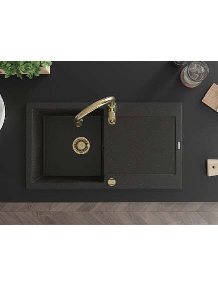 Mexen Leo zlewozmywak granitowy 1-komorowy z ociekaczem i baterią kuchenną Savita, czarny/złoty metalik - 6501-75-672601-50, изображение 4