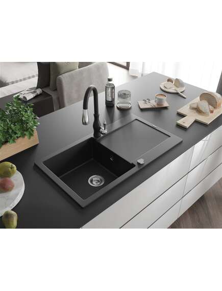 Mexen Leo zlewozmywak granitowy 1-komorowy z ociekaczem i baterią kuchenną Savita, czarny - 6501-77-672601-70, 2 image