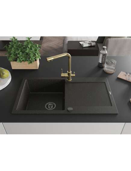 Mexen Leo zlewozmywak granitowy 1-komorowy z ociekaczem i baterią kuchenną Duero, czarny/złoty metalik - 6501-75-671600-50-B, изображение 3