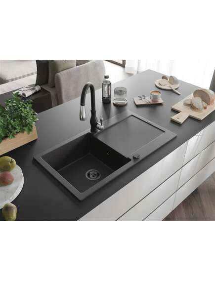 Mexen Leo zlewozmywak granitowy 1-komorowy z ociekaczem i baterią kuchenną Savita, czarny nakrapiany - 6501-76-672601-70-B, изображение 2
