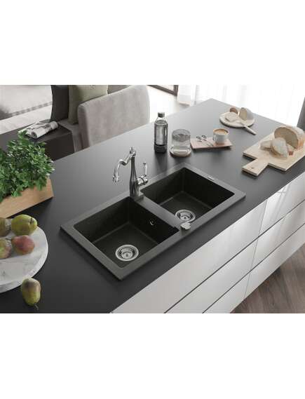 Mexen Mario zlewozmywak granitowy 2-komorowy z baterią kuchenną Carla, czarny/złoty metalik - 6504-75-670700-00, изображение 2