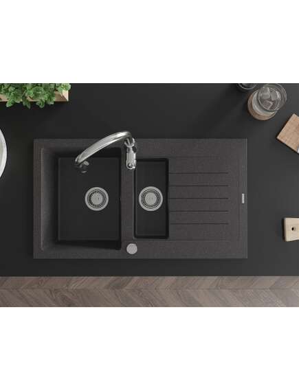 Mexen Matias zlewozmywak granitowy 1,5-komorowy z ociekaczem i baterią kuchenną Savita, czarny nakrapiany - 6502-76-672601-00, 4 image