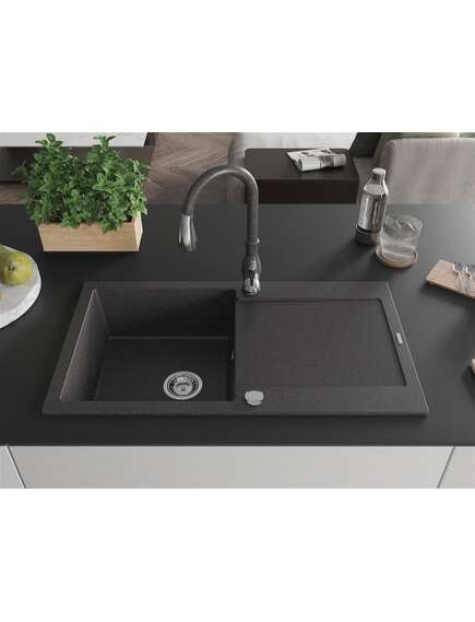 Mexen Leo zlewozmywak granitowy 1-komorowy z ociekaczem i baterią kuchenną Savita, czarny nakrapiany - 6501-76-672601-76, изображение 3