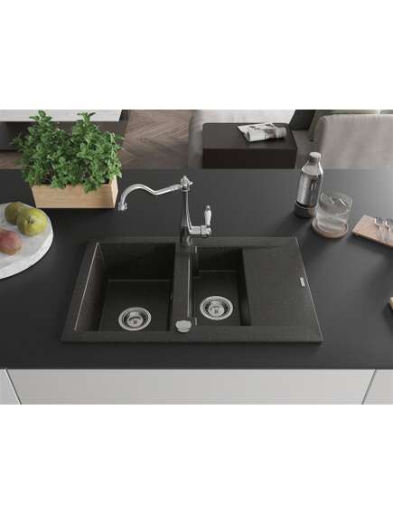 Mexen Gaspar zlewozmywak granitowy 1,5-komorowy z ociekaczem i baterią kuchenną Carla, czarny/złoty metalik - 6507-75-670700-00, изображение 3