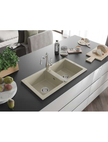 Mexen Mario zlewozmywak granitowy 2-komorowy z baterią kuchenną Carla, beżowy - 6504-69-670700-00, изображение 2