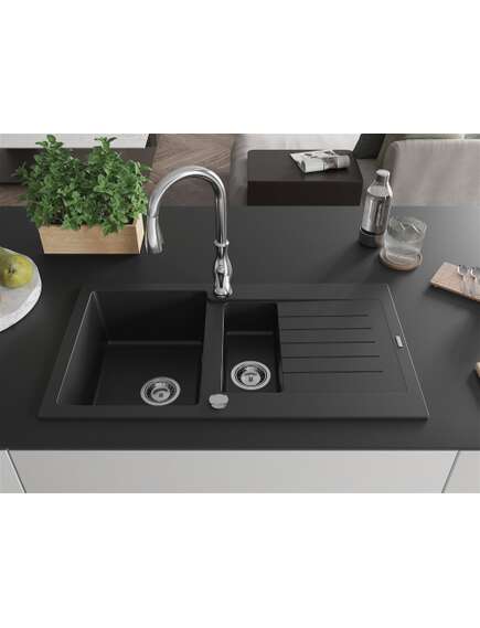 Mexen Matias zlewozmywak granitowy 1,5-komorowy z ociekaczem i baterią kuchenną Savita, czarny - 6502-77-672601-00, 3 image