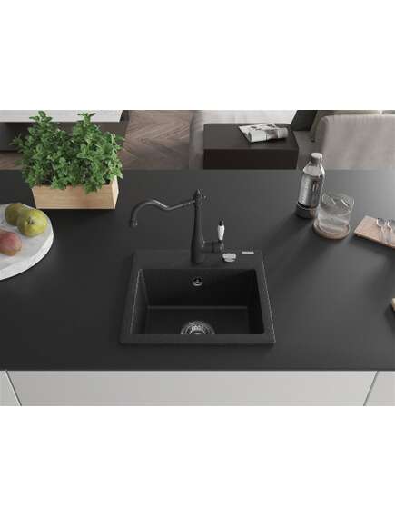 Mexen Milo zlewozmywak granitowy 1-komorowy z baterią kuchenną Carla, czarny/srebrny metalik - 6505-73-670700-70, изображение 3