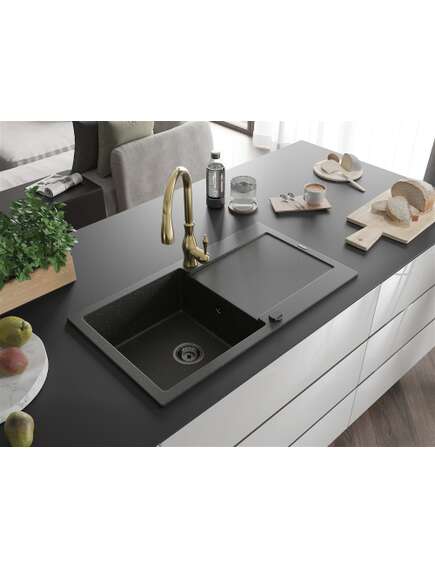 Mexen Leo zlewozmywak granitowy 1-komorowy z ociekaczem i baterią kuchenną Savita, czarny/złoty metalik - 6501-75-672601-50-B, изображение 2